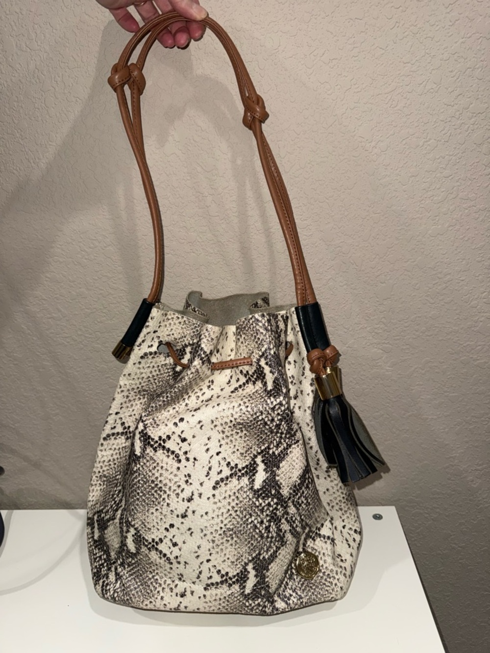 Vince Camuto Neutral Snakeskin-Print Shoulder Bucket Bag with Tan Strap